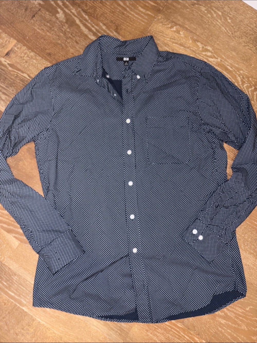 Uniqlo Navy Blue and White Polkadot Button Up